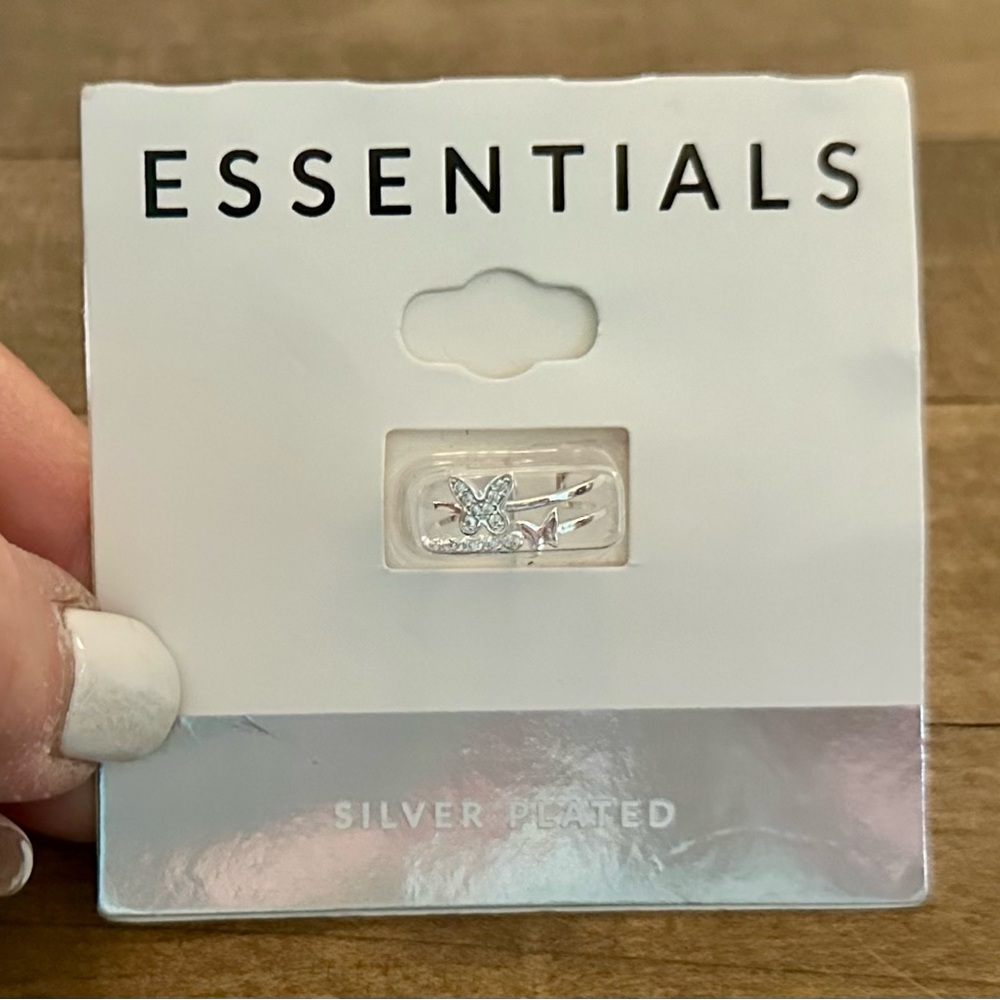 Essentials Crystal Butterfly Two-Row Toe Ring In Fine Silver-Plate - Picture 2 of 5